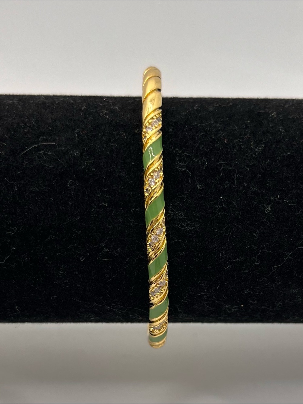 Gold-Tone Green Enamel Spiral Cuff Bracelet with Clear Crystals